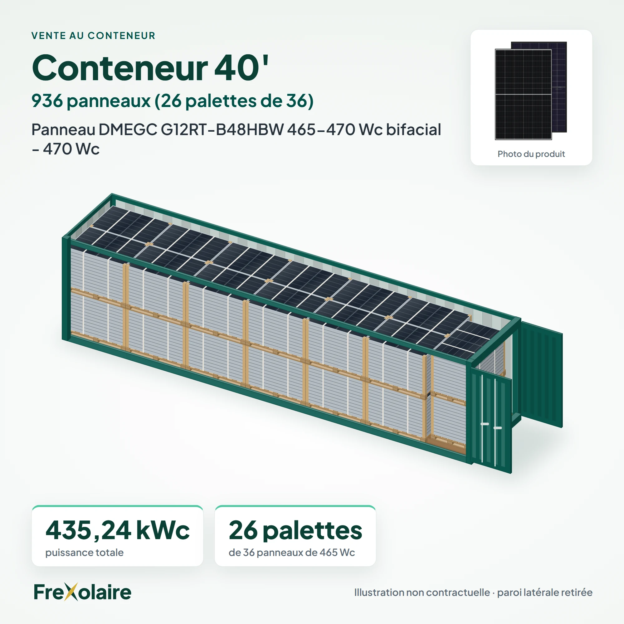 Conteneur 40' de 936 panneaux DMEGC G12RT-B48HBW 465-470 Wc bifacial – illustration non contractuelle