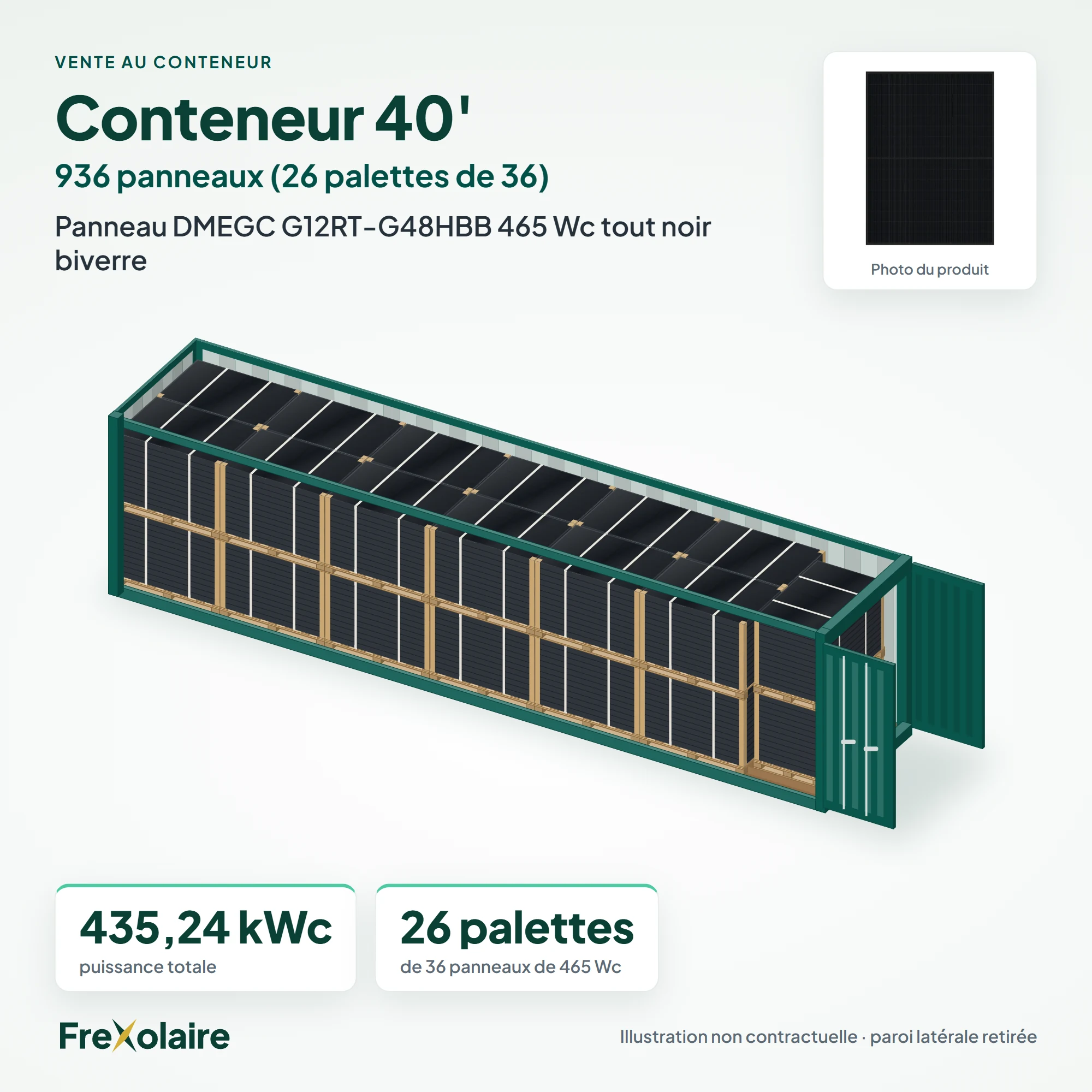 Conteneur 40' de 936 panneaux DMEGC G12RT-G48HBB 465 Wc tout noir biverre – illustration non contractuelle