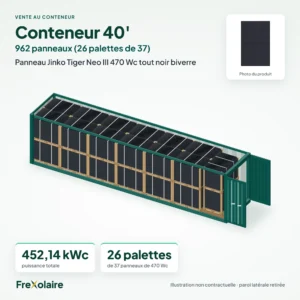Conteneur 40' de 962 panneaux Jinko Tiger Neo III 470 Wc tout noir biverre – illustration non contractuelle
