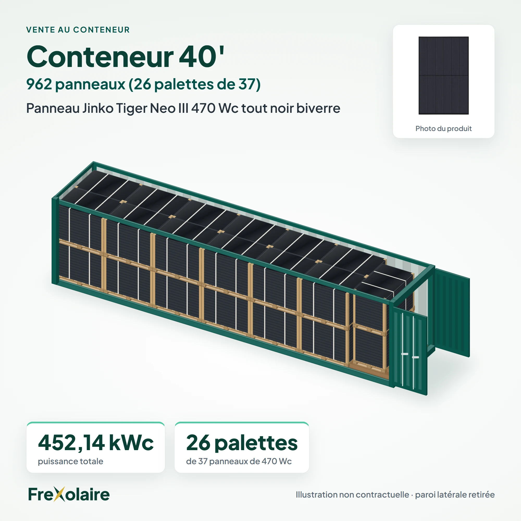Conteneur 40' de 962 panneaux Jinko Tiger Neo III 470 Wc tout noir biverre – illustration non contractuelle
