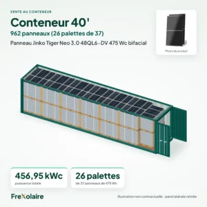 Conteneur 40' de 962 panneaux Jinko Tiger Neo 3.0 48QL6-DV 475 Wc bifacial – illustration non contractuelle