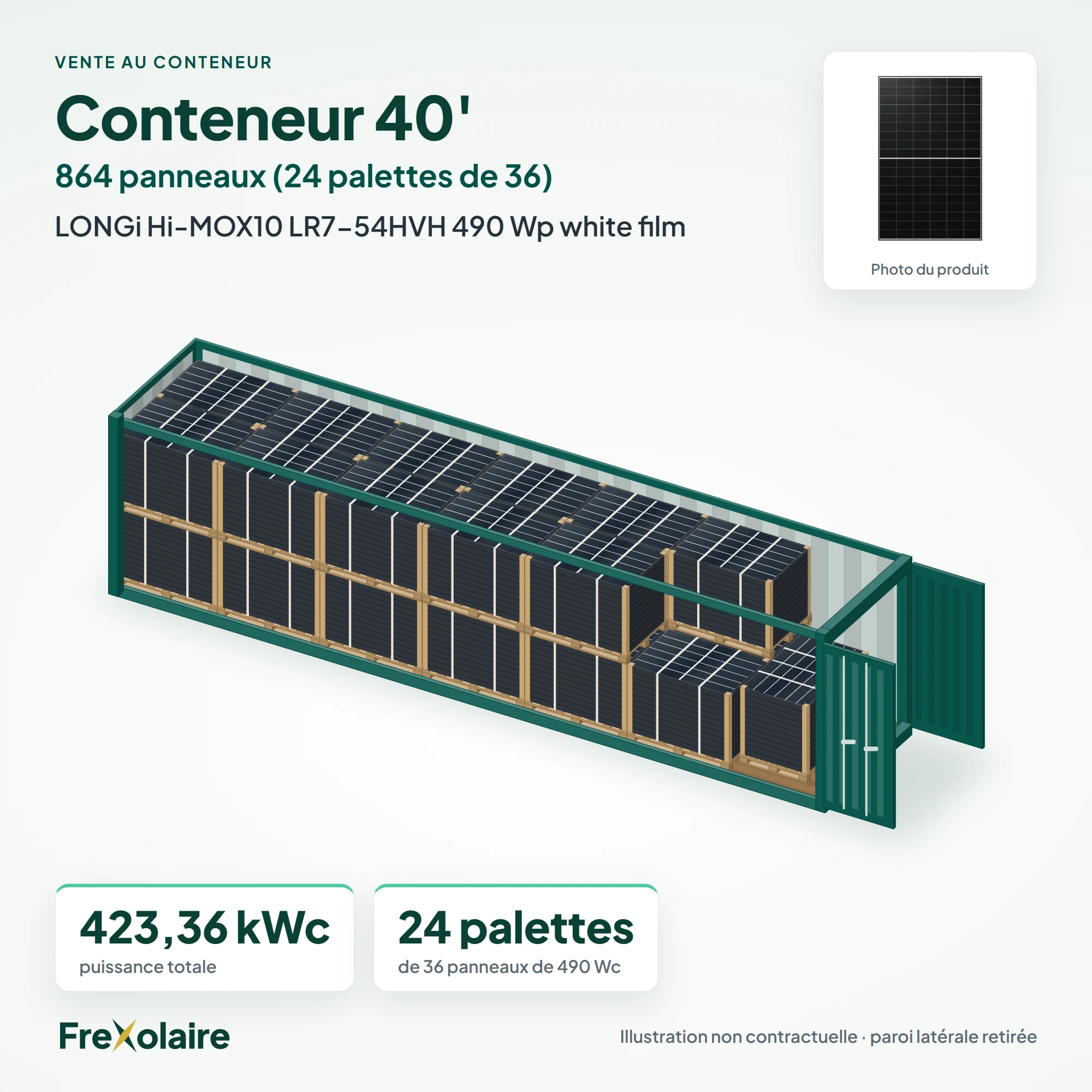 Conteneur 40' de 864 panneaux LONGi Hi-MOX10 LR7-54HVH 490 Wp white film – illustration non contractuelle