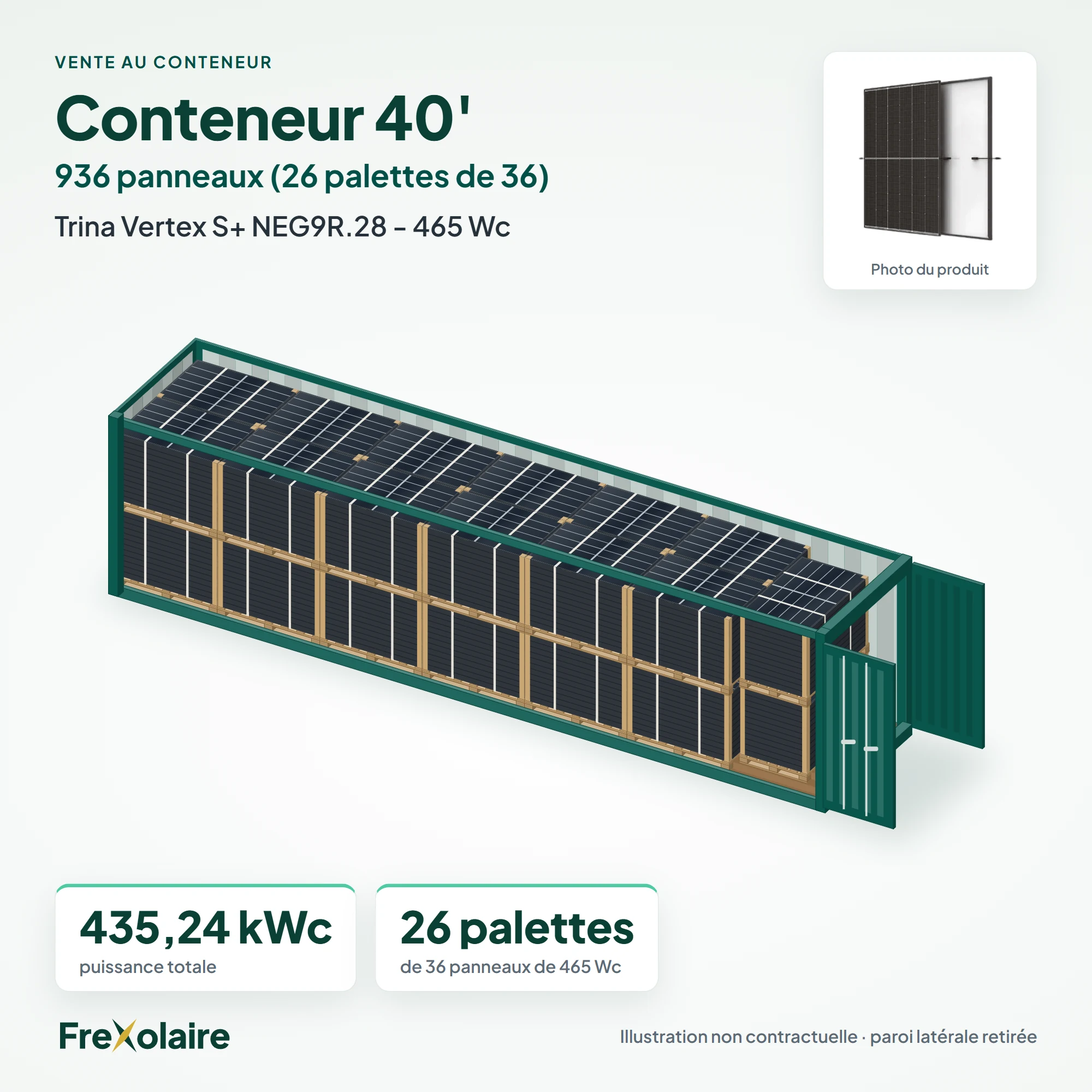 Conteneur 40' de 936 panneaux Trina Vertex S+ NEG9R.28 – illustration non contractuelle