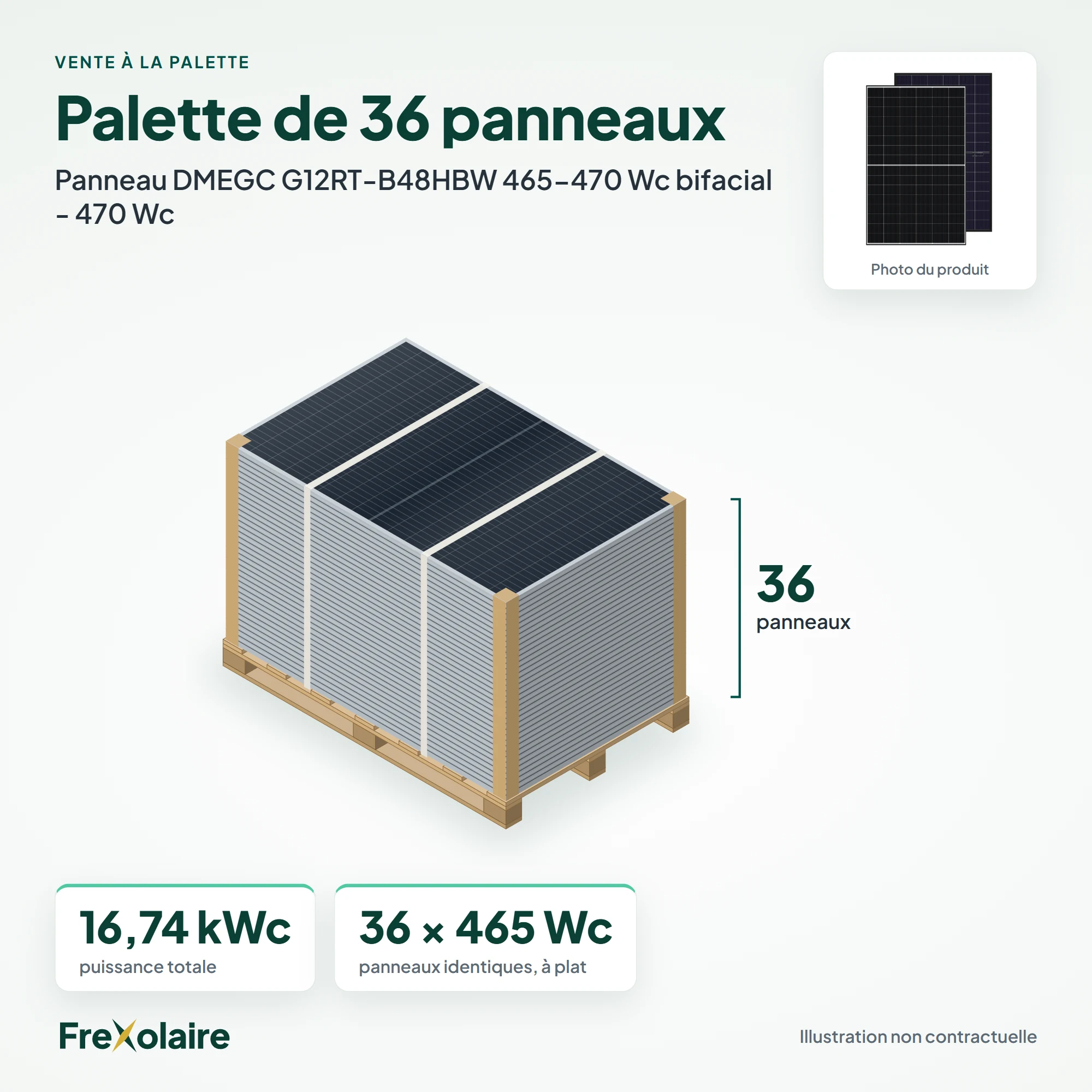 Palette de 36 panneaux DMEGC G12RT-B48HBW 465-470 Wc bifacial – illustration non contractuelle
