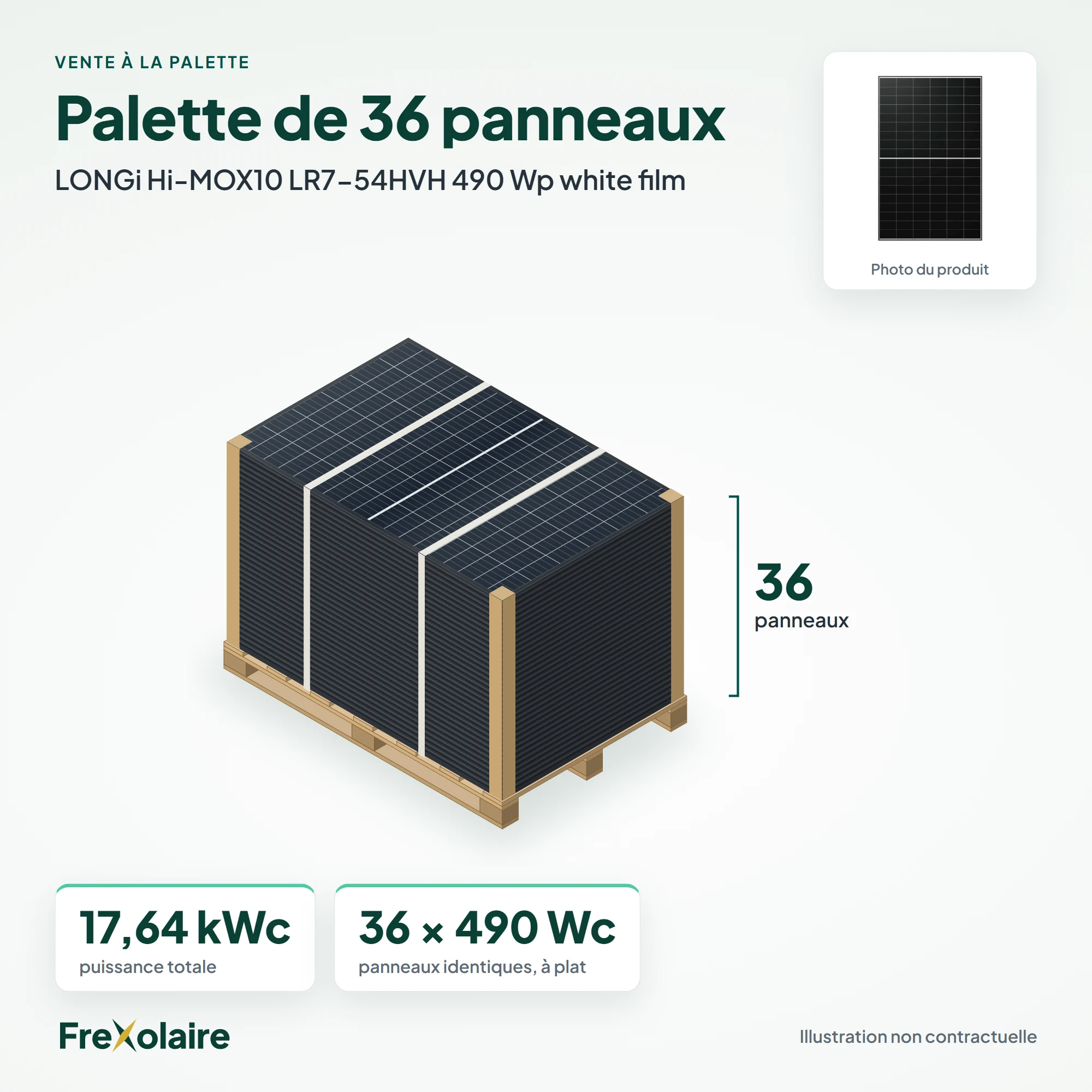 Palette de 36 panneaux LONGi Hi-MOX10 LR7-54HVH 490 Wp white film – illustration non contractuelle