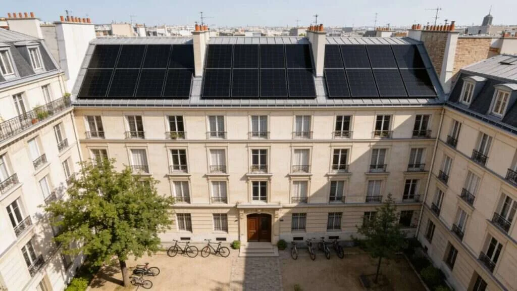 Résidence en copropriété avec panneaux solaires, vue depuis la cour