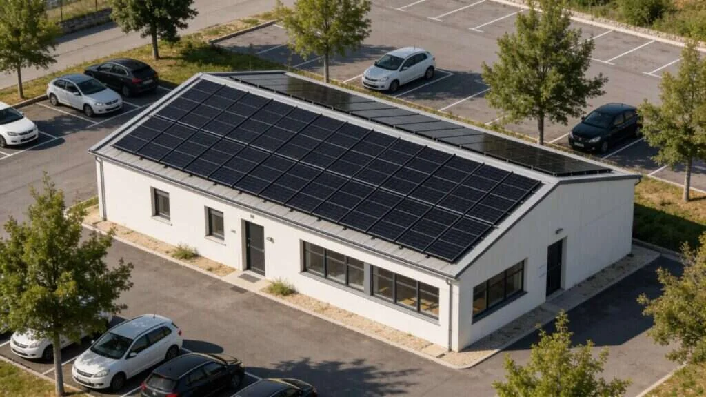 Toiture d'un bâtiment d'entreprise couverte de panneaux solaires