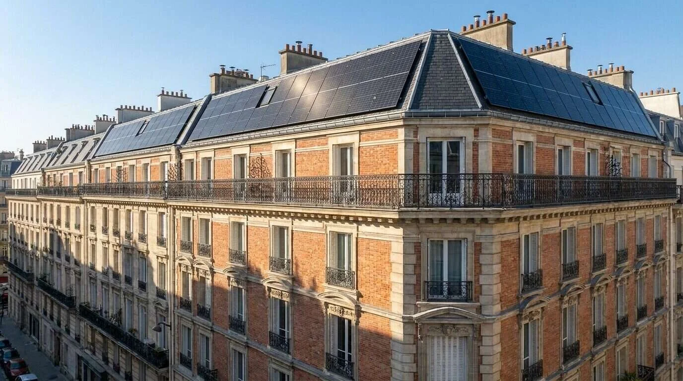 Panneaux solaires en copropriété produisant de l'électricité sur la toiture commune — Panneaux solaires sur toit-terrasse ...