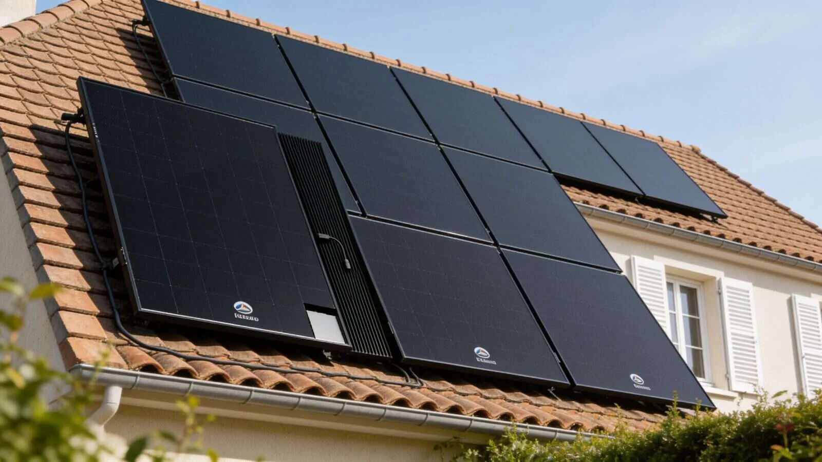 Maison hors réseau équipée de panneaux solaires sur sa toiture résidentielle — Une batterie pour des panneaux