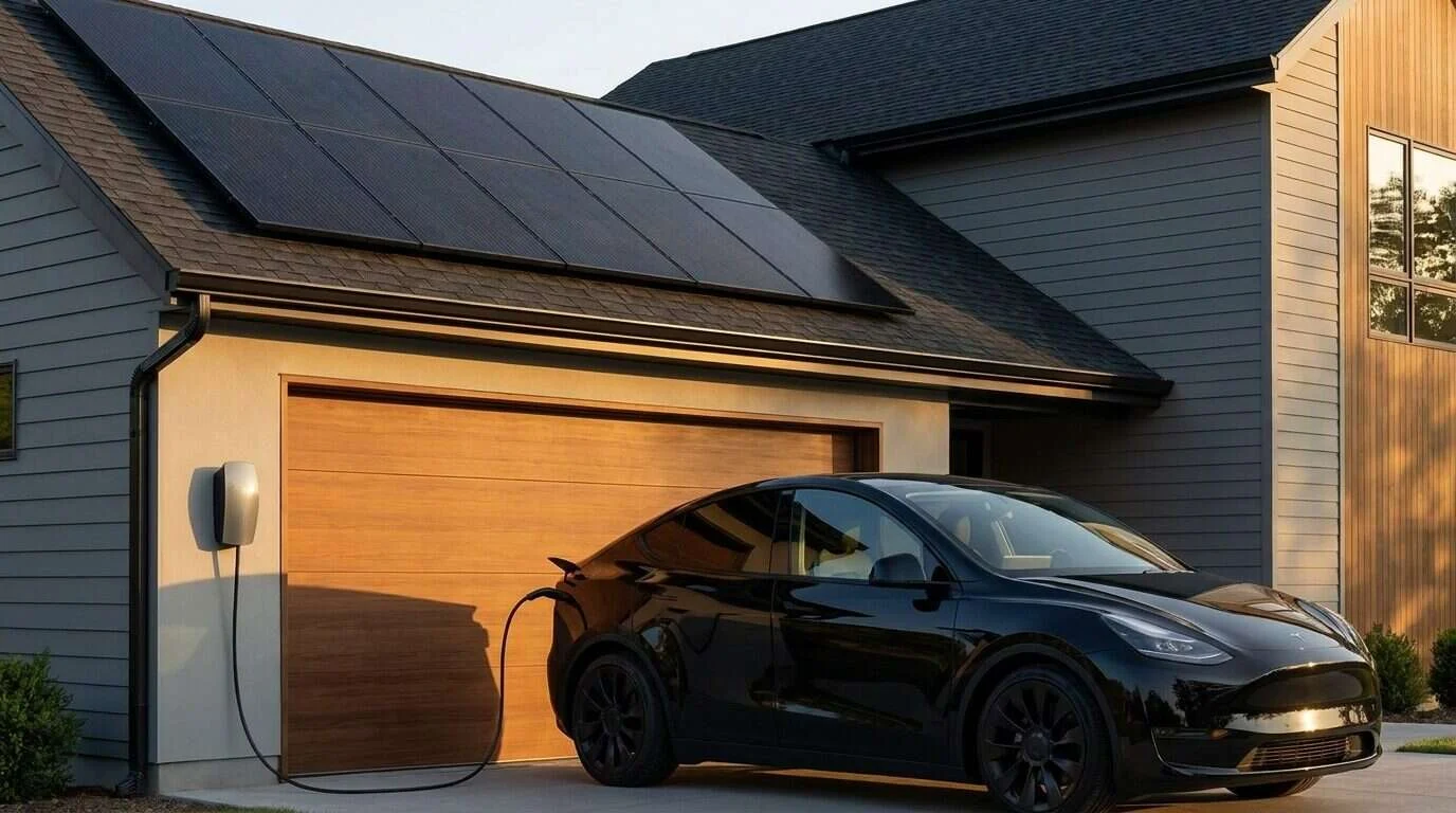 Installateur fixant des panneaux solaires sur toit-terrasse plat lors de la pose — Borne IRVE résidentielle
