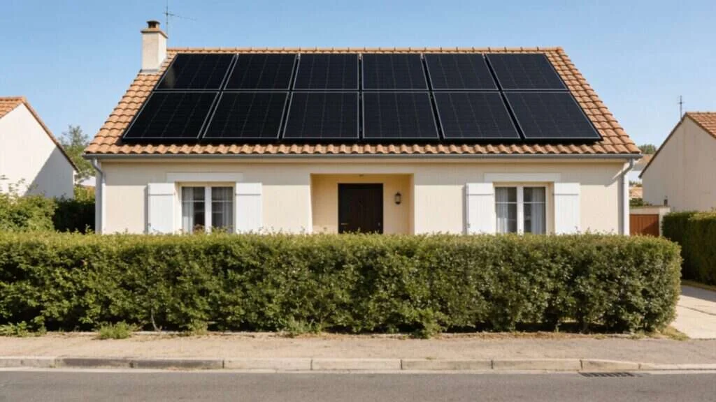 Pavillon avec panneaux solaires tout noirs, installation résidentielle type