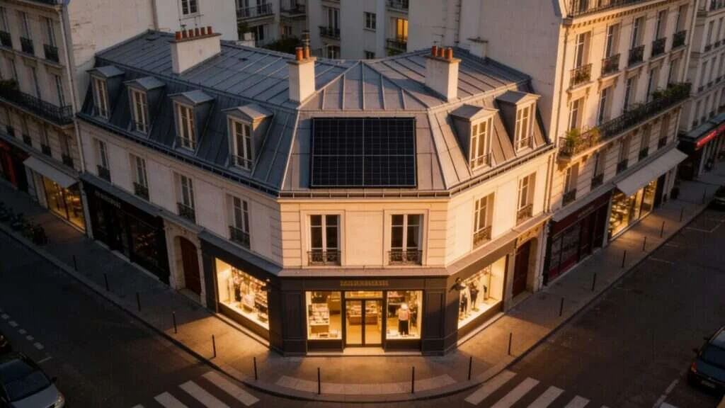 Immeuble mixte avec commerces en rez-de-chaussée et panneaux solaires en toiture
