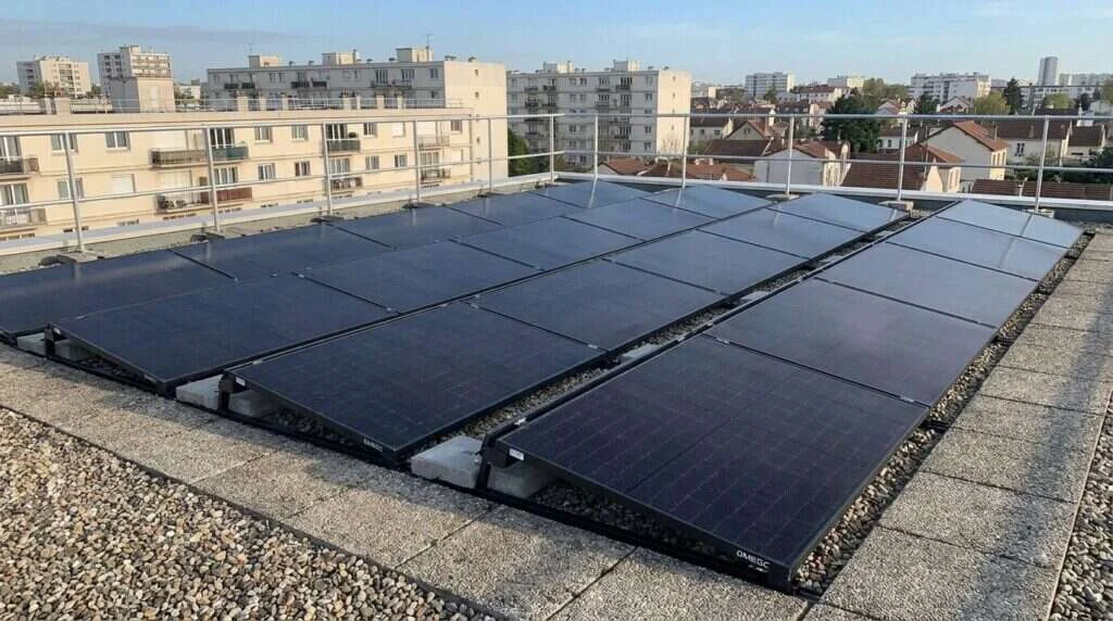 Gros plan de panneaux solaires en autoconsommation, copropriétés mixtes (résidence + commerces) — panneaux solaires coprop...