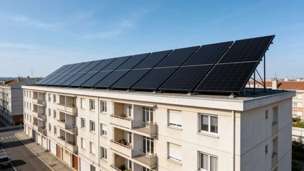Immeuble en copropriété avec panneaux solaires sur le toit-terrasse