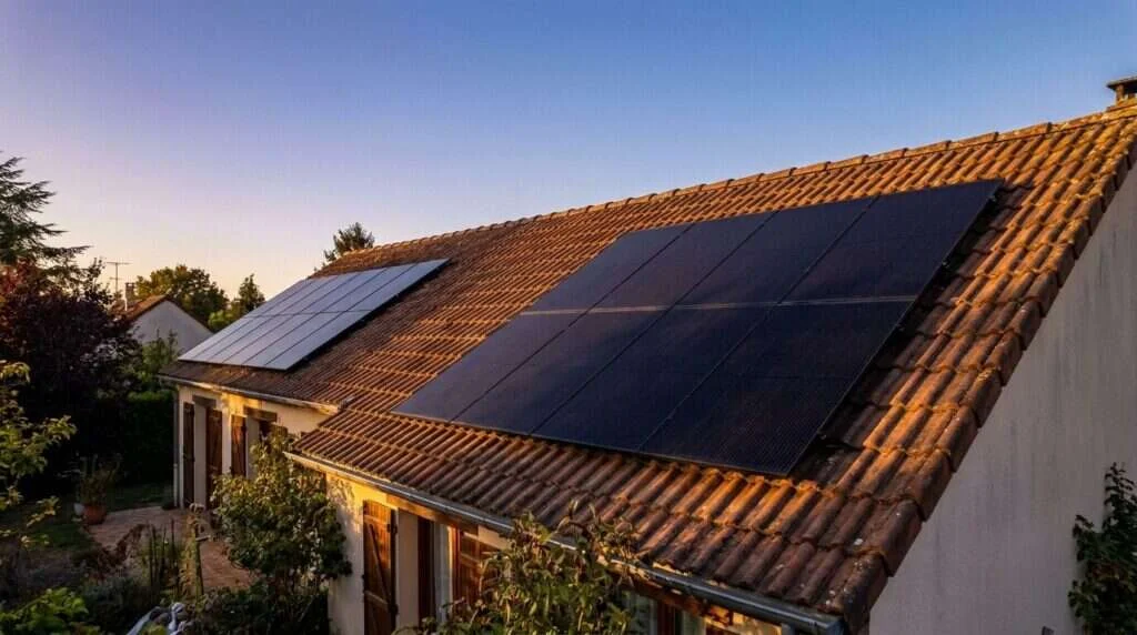 Gros plan de panneaux solaires en autoconsommation, copropriétés mixtes (résidence + commerces) — Garantie décennale photo...
