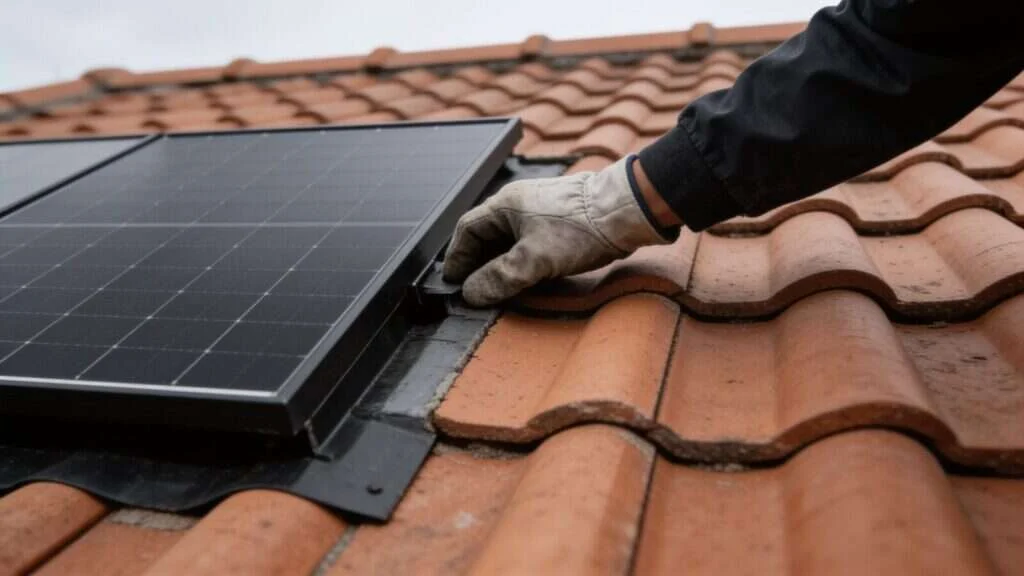 Couvreur vérifiant l'étanchéité autour d'un champ de panneaux solaires