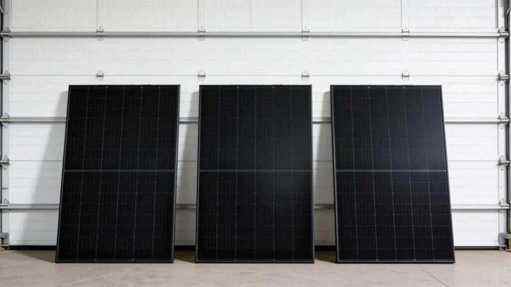 Trois panneaux solaires tout noirs alignés pour comparaison