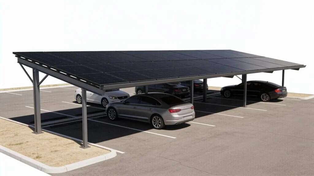 Ombrière photovoltaïque sur un parking extérieur