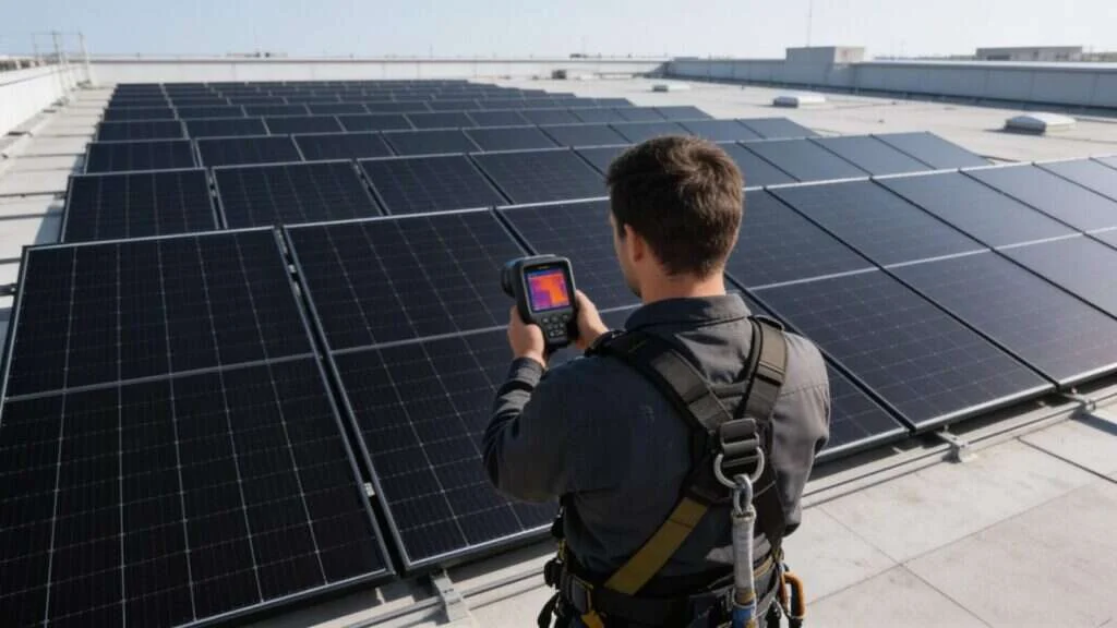 Technicien contrôlant un champ photovoltaïque en toiture avec une caméra thermique