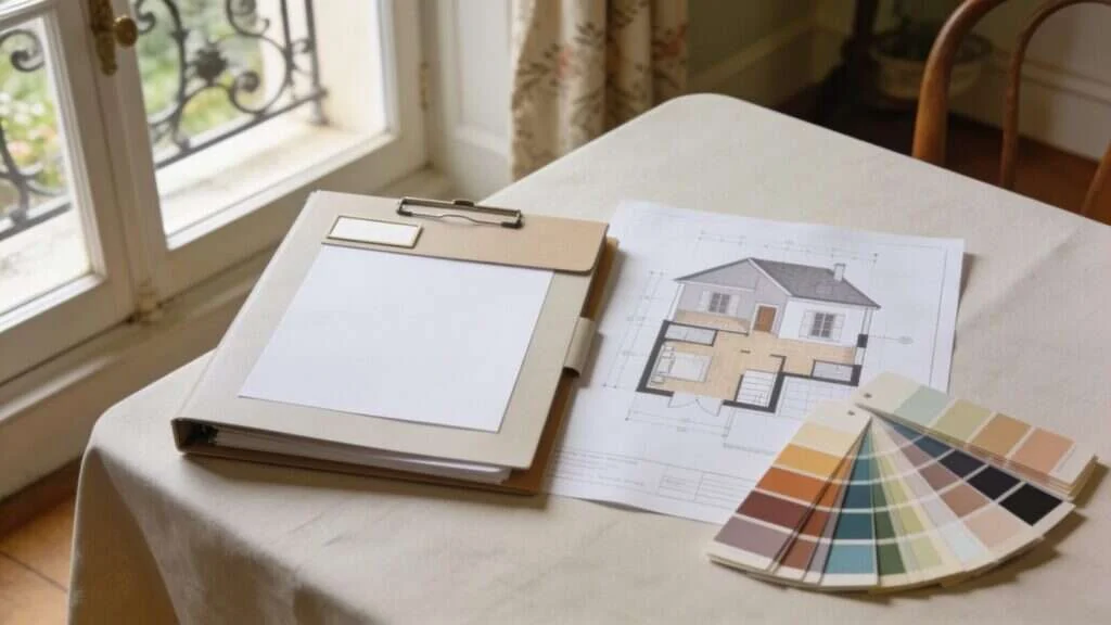 Dossier de rénovation énergétique et plan de maison sur une table