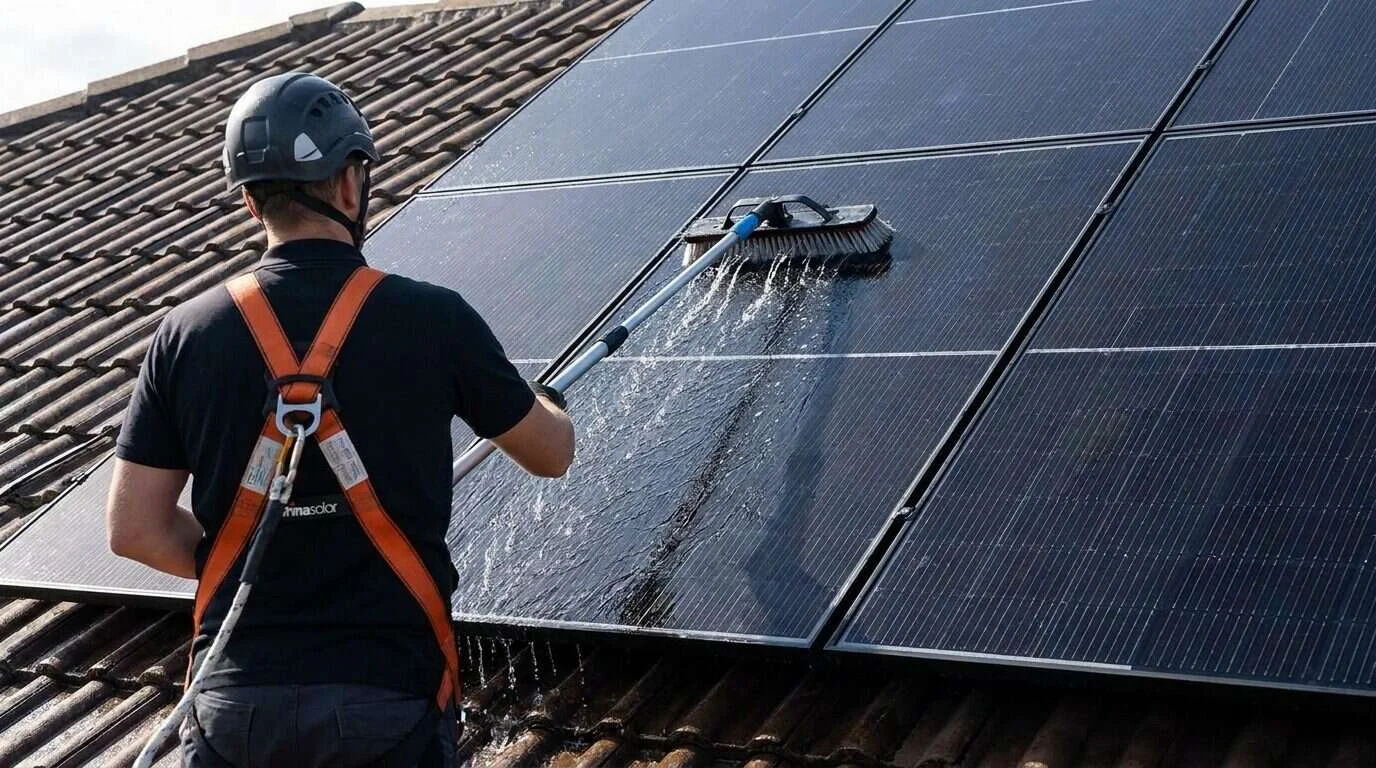 Panneaux solaires l'hiver, vue rapprochée des modules sous un ciel froid — Nettoyage panneaux solaires