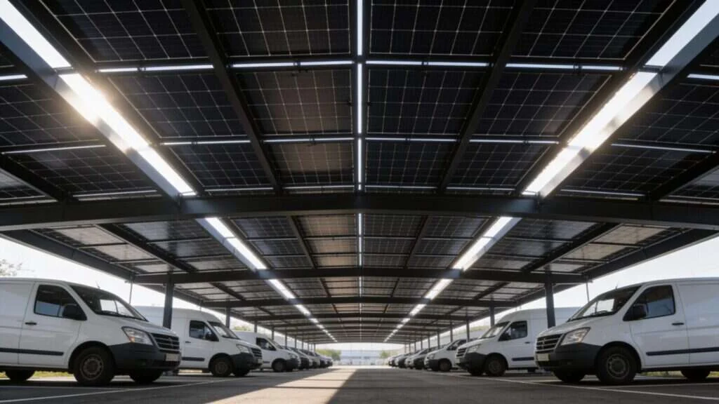 Ombrière solaire d'entreprise protégeant des véhicules de service