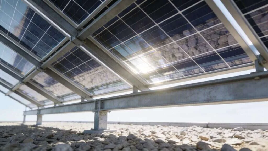 Panneaux solaires bifaciaux en verre sur structure surélevée au-dessus d'un sol clair