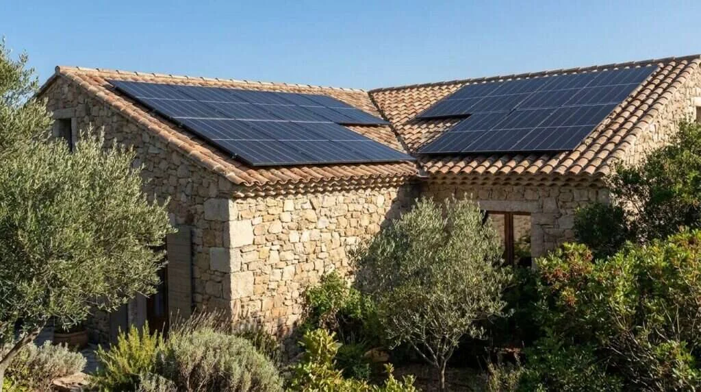 Champ de panneaux solaires Bretagne produisant malgré un ciel souvent nuageux — Panneaux solaires en Corse