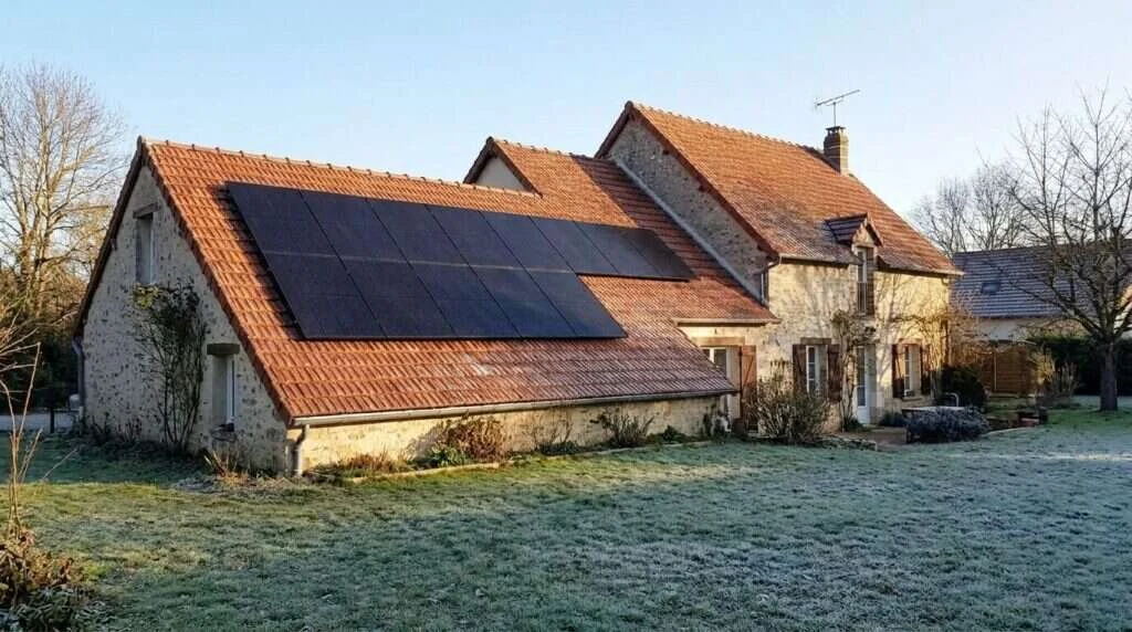 Panneaux solaires l'hiver, vue rapprochée des modules sous un ciel froid