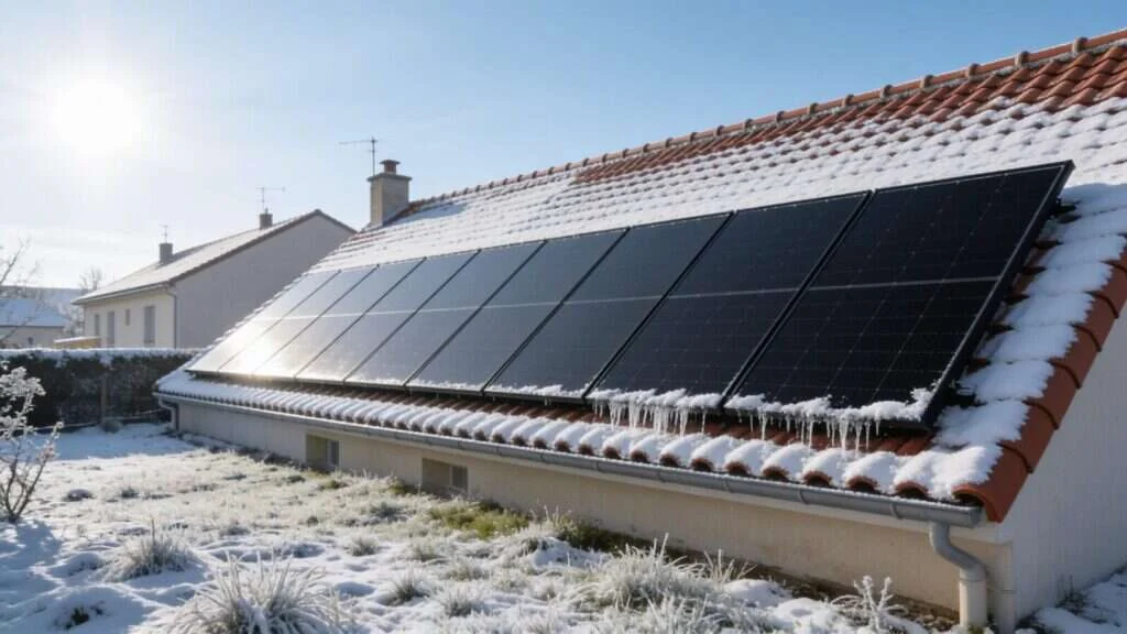Panneaux solaires sous une fine couche de neige sur un toit en hiver