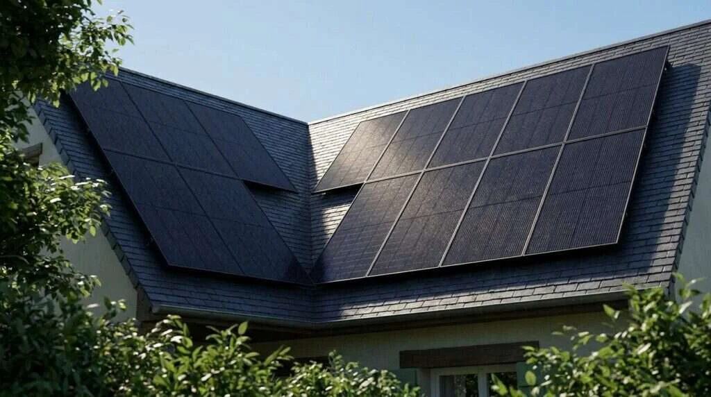panneaux solaires et ciel, transition énergétique — Panneaux solaires sur toiture ardoise