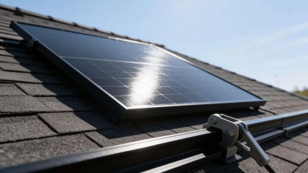 Panneau solaire TOPCon tout noir posé en toiture, gros plan