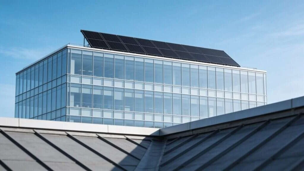 Immeuble de bureaux avec panneaux solaires en toiture-terrasse