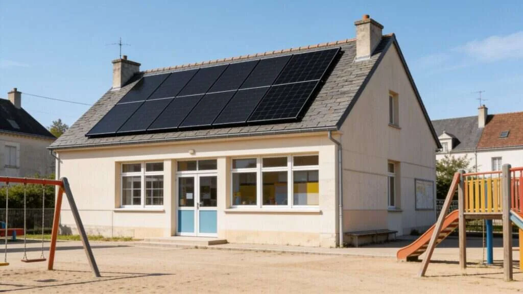 Bâtiment communal (école) avec panneaux solaires sur le toit