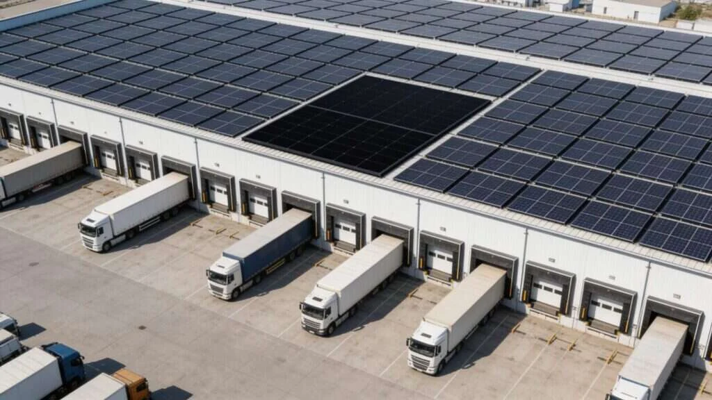 Entrepôt logistique avec toiture couverte de panneaux solaires