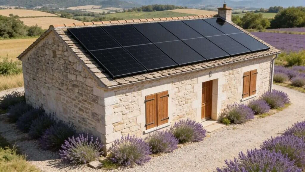 Maison de campagne en pierre avec panneaux solaires, résidence secondaire