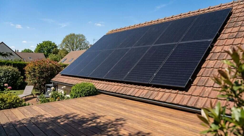 Maison hors réseau équipée de panneaux solaires sur sa toiture résidentielle — Photovoltaïque pour piscine