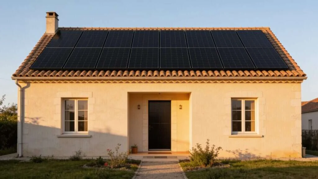 Maison individuelle avec panneaux solaires tout noirs en toiture, en autoconsommation