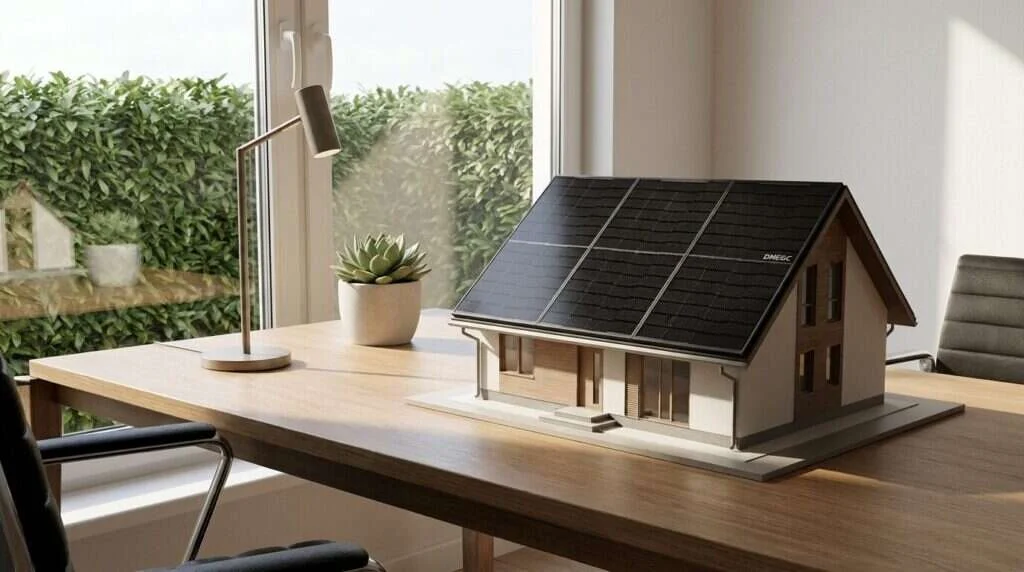 Maquette de maison avec panneaux solaires sur un bureau