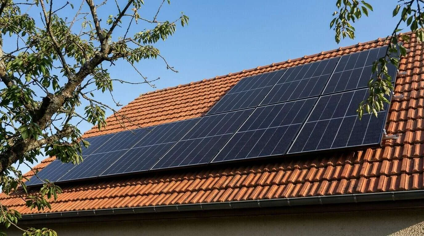 Installateur fixant des panneaux solaires sur toit-terrasse plat lors de la pose — Sécurité électrique des installations p...