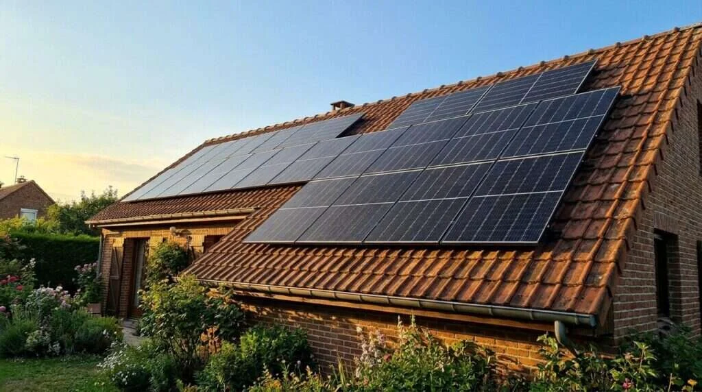 Panneaux solaires l'hiver, vue rapprochée des modules sous un ciel froid — triphasé ou monophasé panneaux solaires