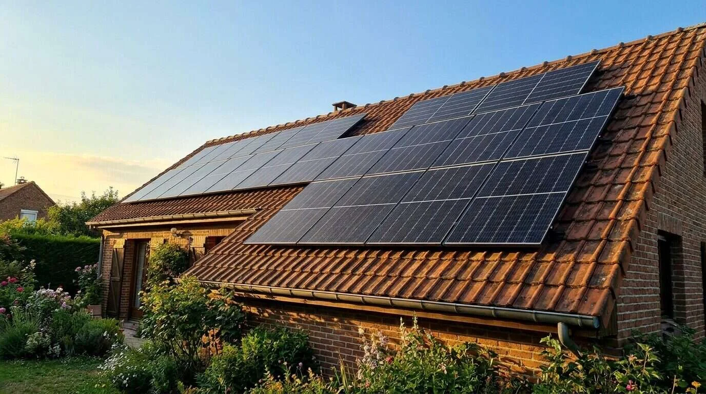 Panneaux solaires l'hiver, vue rapprochée des modules sous un ciel froid — triphasé ou monophasé panneaux solaires