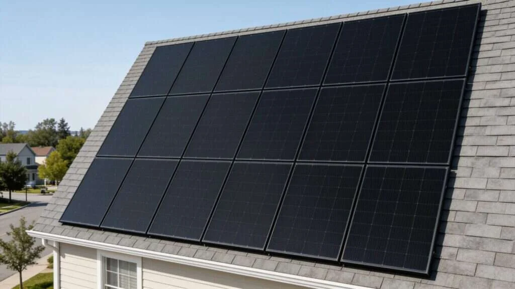 Toiture résidentielle équipée de panneaux solaires tout noirs
