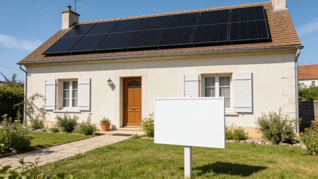Maison à vendre équipée de panneaux solaires, panneau « À vendre » devant le jardin