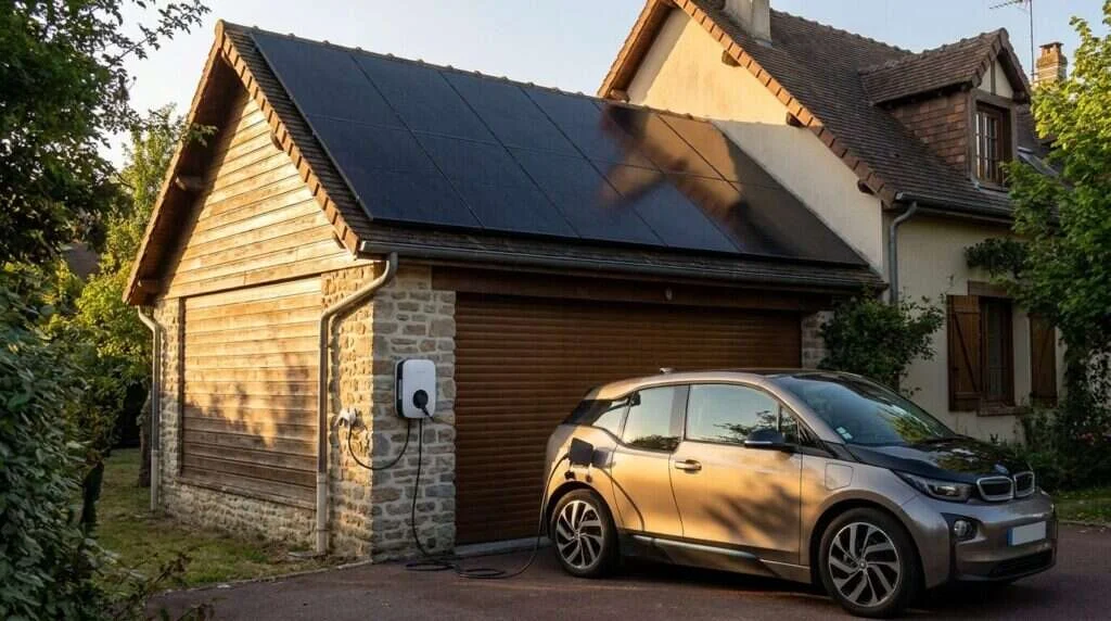 panneaux solaires et ciel, transition énergétique — Voiture électrique avec panneaux solaires