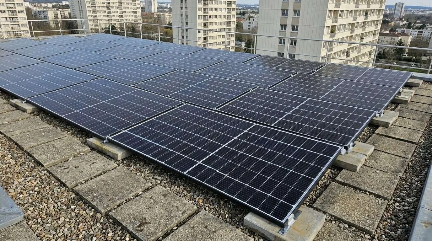 immense toiture couverte de panneaux vue du ciel — installation solaire copropriété AG