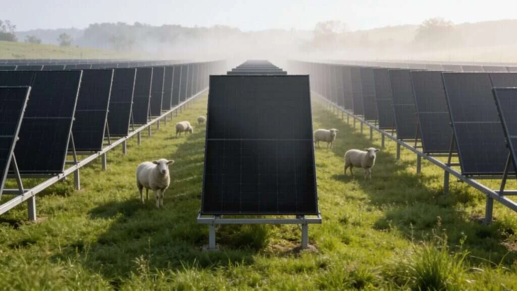 Centrale photovoltaïque au sol, rangées de panneaux dans un champ