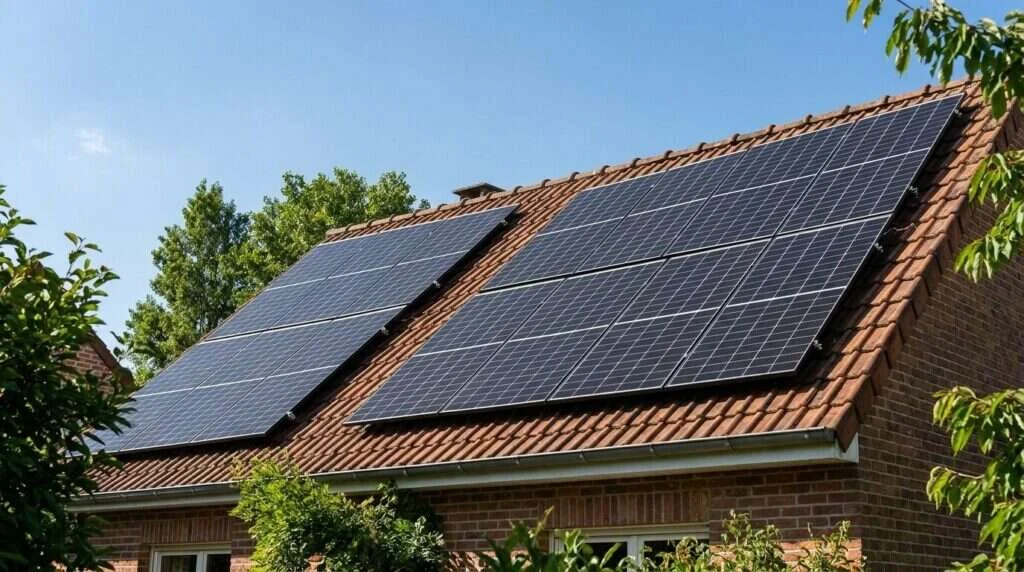 Panneaux monocristallins 465 W bi-verre cadre noir sur une toiture en tuiles