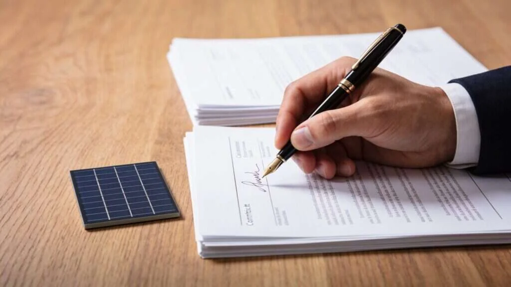 Signature d'un contrat d'installation solaire sur une table
