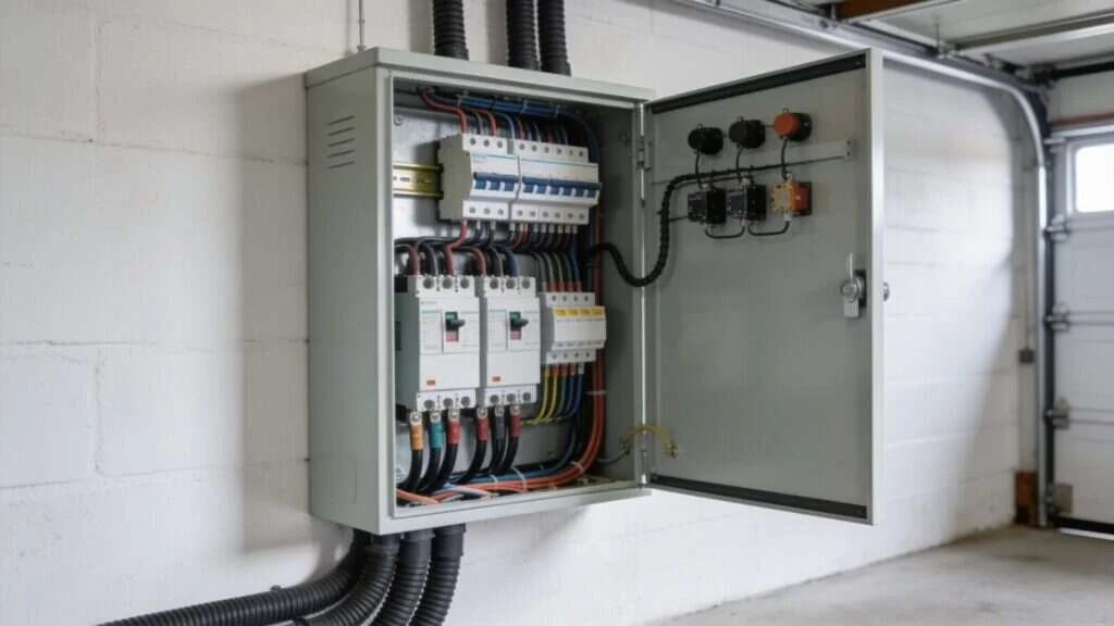 Coffret de protection électrique neuf dans un garage